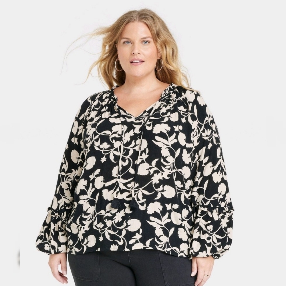 Knox Rose Balloon Long Sleeve Blouse Floral Black & White Size XXL